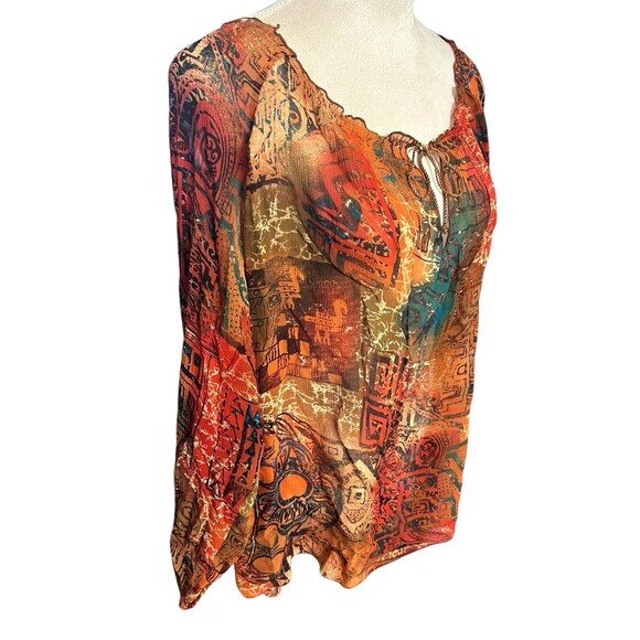 Chico's 100% Silk Sheer Paisley  Boho Brown Tie Neck Dolman Long Sleeves Top 3 - Picture 4 of 8